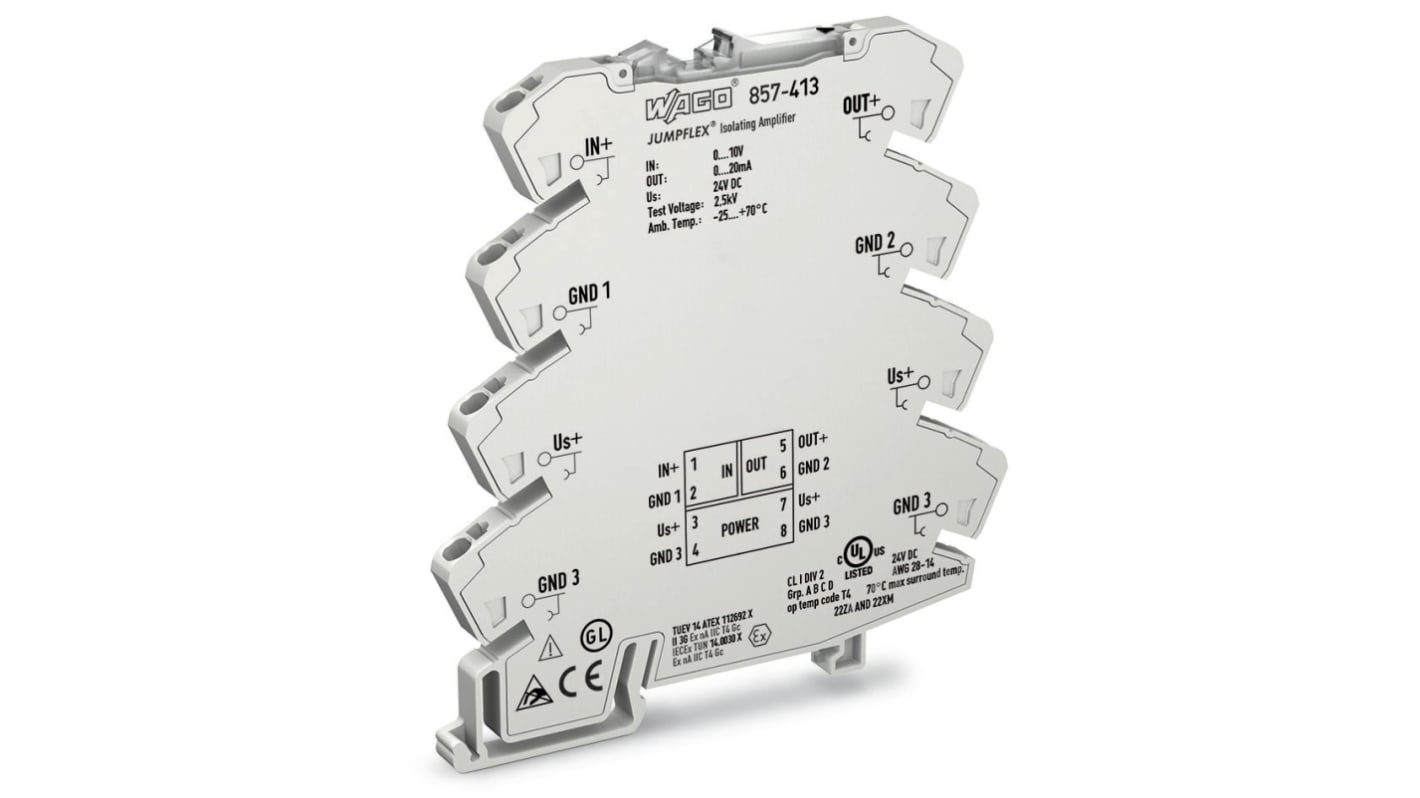WAGO 隔离放大器, 0 - 10V 直流电压输入, 0 - 20mA电流输出, 24V 直流