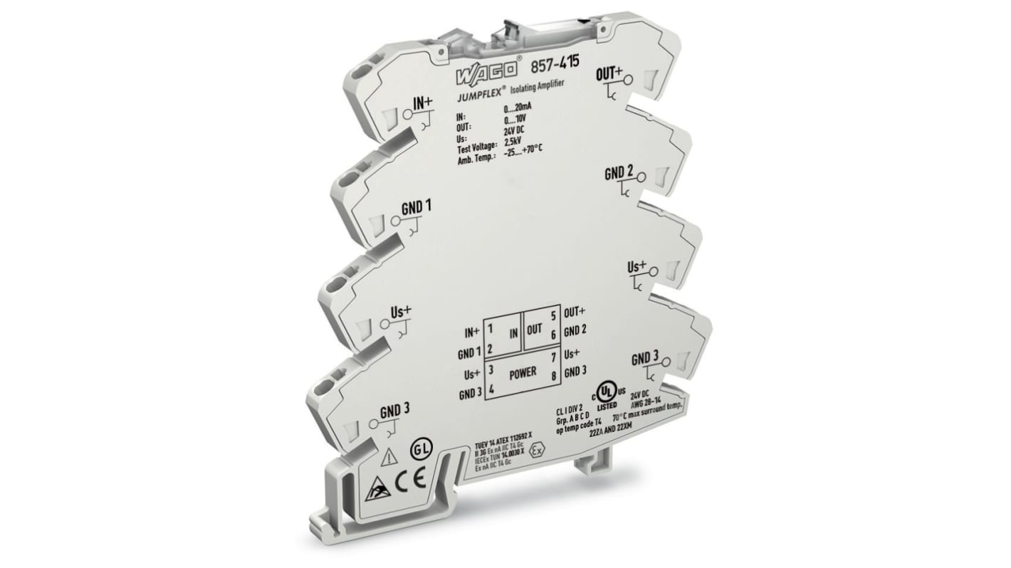 WAGO 隔离放大器, 0 - 20mA电流输入, 0 - 10V 直流电压输出, 24V 直流