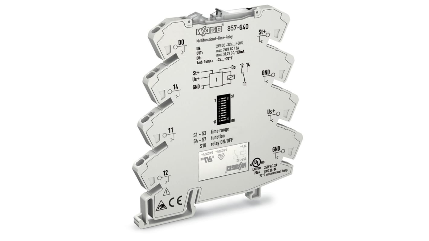 WAGO 857 Series DIN Rail Mount Timer Relay, 250V, 1-Contact, 0.01 s → 100 h, SPDT