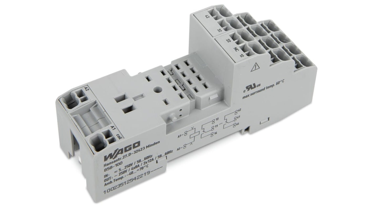 WAGO 858 4 Pin 300V DIN Rail Relay Socket, for use with Basic Relays