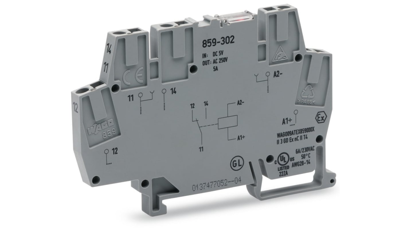 WAGO 859 Series Relay Module, DIN Rail Mount, 110V dc Coil, SPDT, 1-Pole, 5A Load