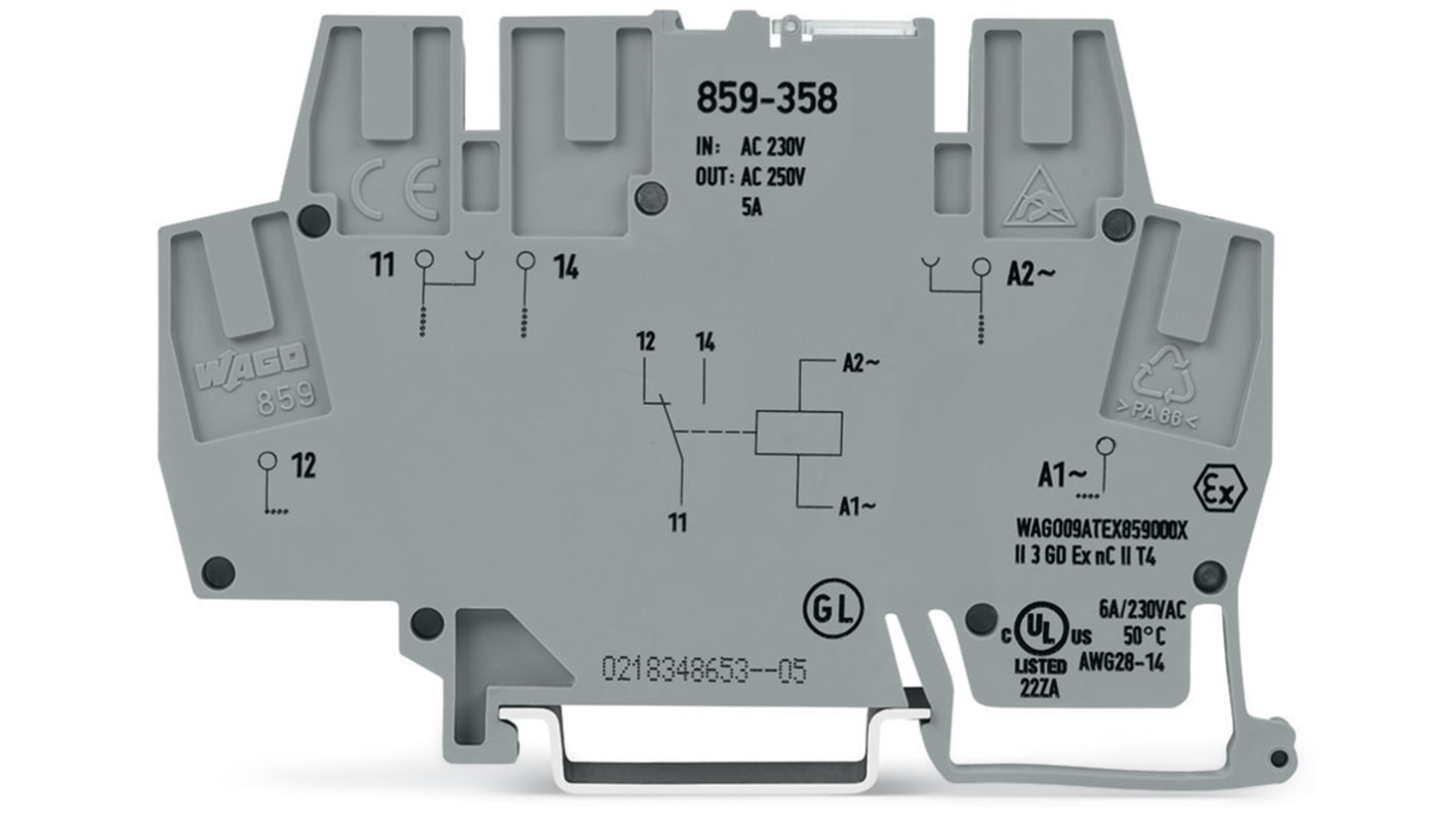 WAGO 859 Series Relay Module, DIN Rail Mount, 230V ac/dc Coil, SPDT, 1-Pole, 5A Load