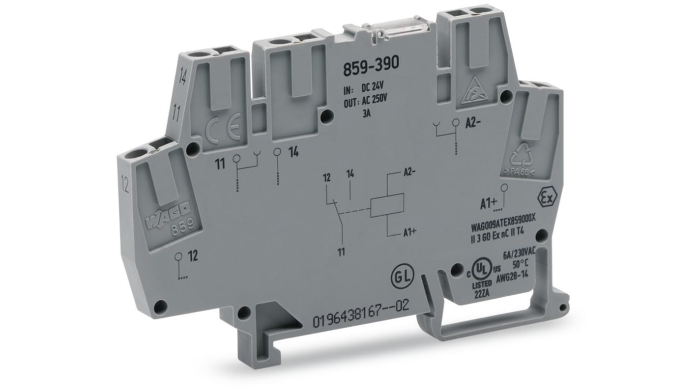 WAGO 859 Series Relay Module, DIN Rail Mount, 24V dc Coil, SPDT, 1-Pole, 5A Load