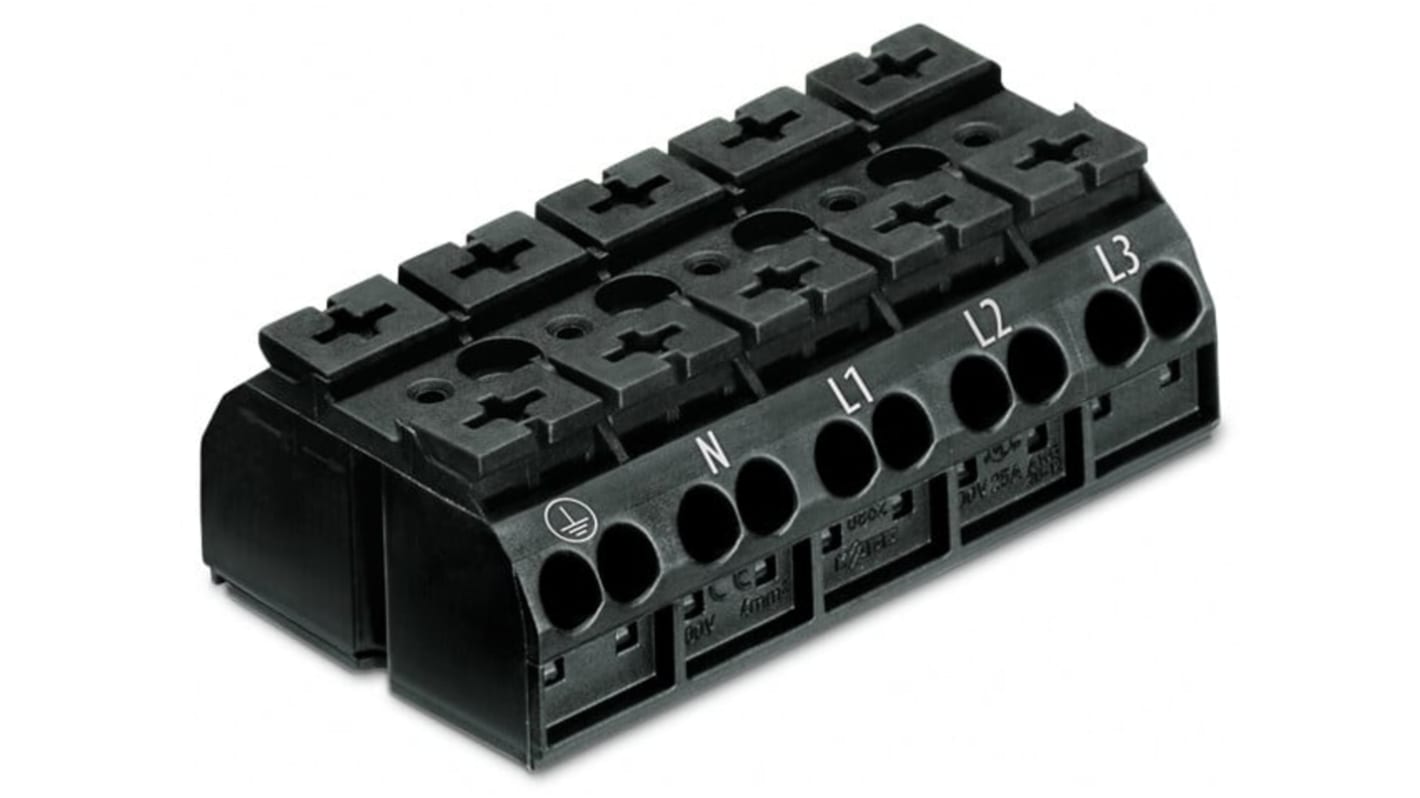 WAGO 端子排, 5路, 28A, 线规20 → 12 AWG, 推入型笼式弹簧夹端接, 862系列