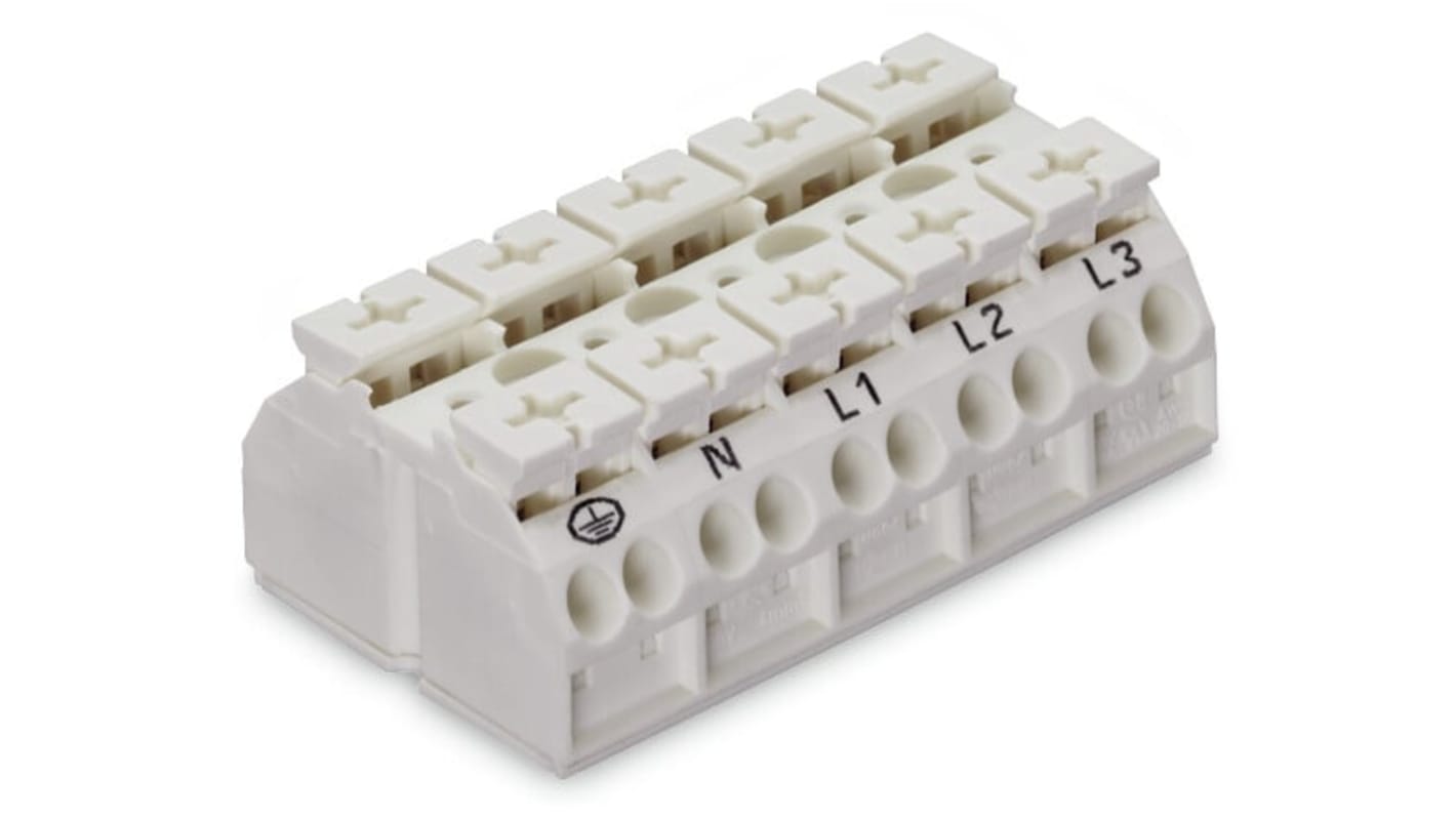 WAGO 端子排, 5路, 32A, 线规20 → 12 AWG, 推入型笼式弹簧夹端接, 862系列