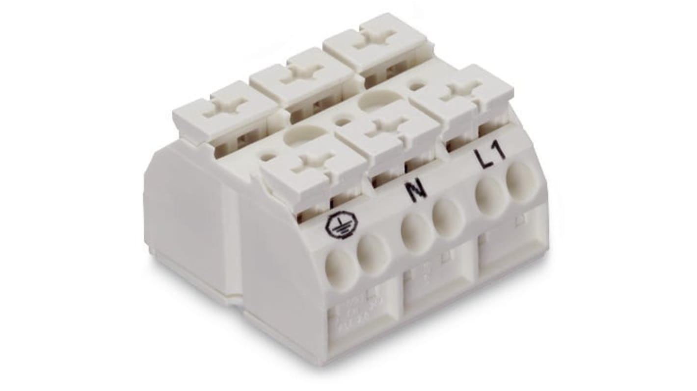 WAGO 端子排, 3路, 28A, 线规20 → 12 AWG, 推入型笼式弹簧夹端接, 862系列