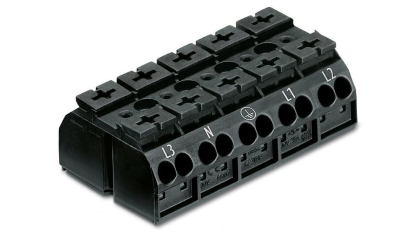 WAGO 端子排, 5路, 32A, 线规20 → 12 AWG, 推入型笼式弹簧夹端接, 862系列