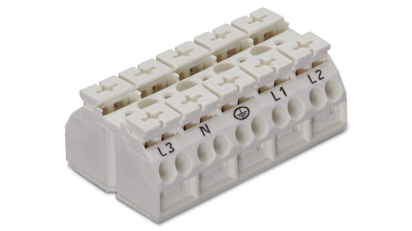 WAGO 端子排, 5路, 32A, 线规20 → 12 AWG, 推入型笼式弹簧夹端接, 862系列