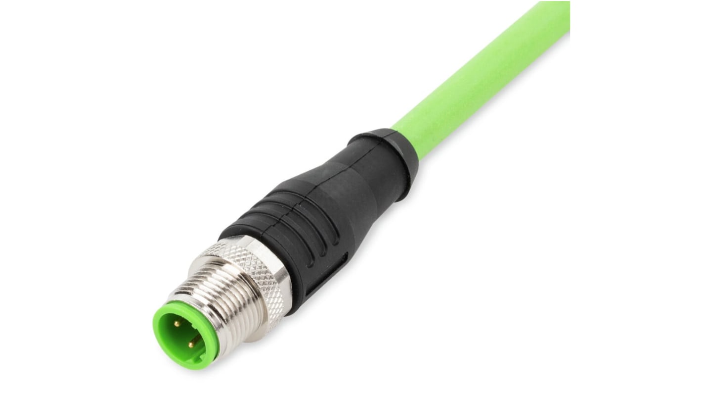 WAGO Cat5e Straight Male M12 to Ethernet Cable, Aluminium Foil, Tinned Copper Braid, Green Polyurethane Sheath, 2m,