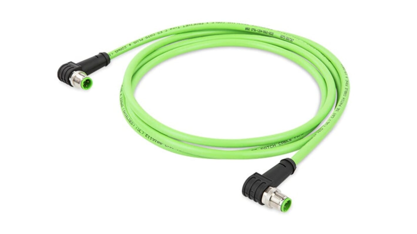 WAGO756, 2m Cat5e, Green M12 to Male M12 Male, Aluminium Foil, Tinned Copper Braid, Terminated Polyurethane Sheath