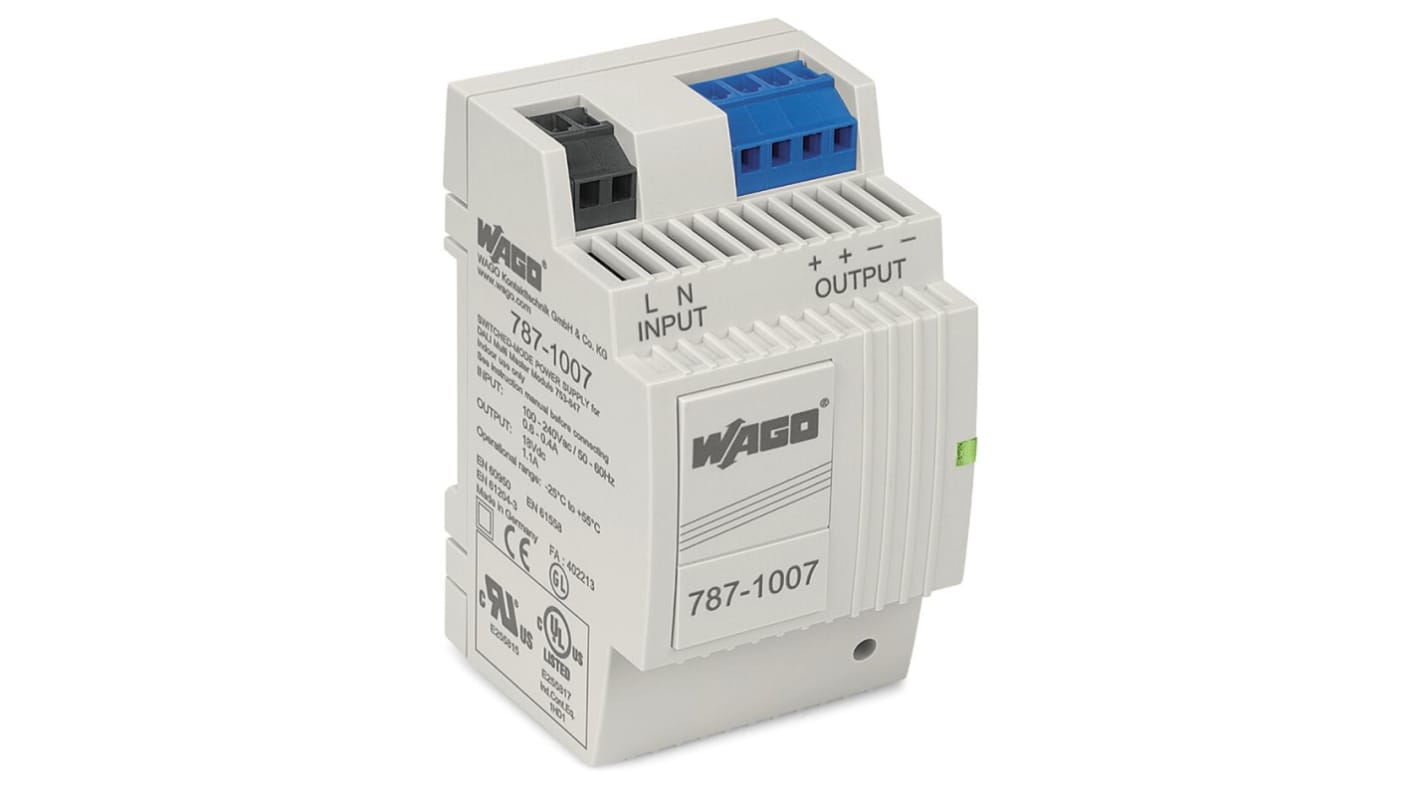 WAGO DIN Rail Power Supply, 230V, 18V dc, 1.1A Output, 19.8W
