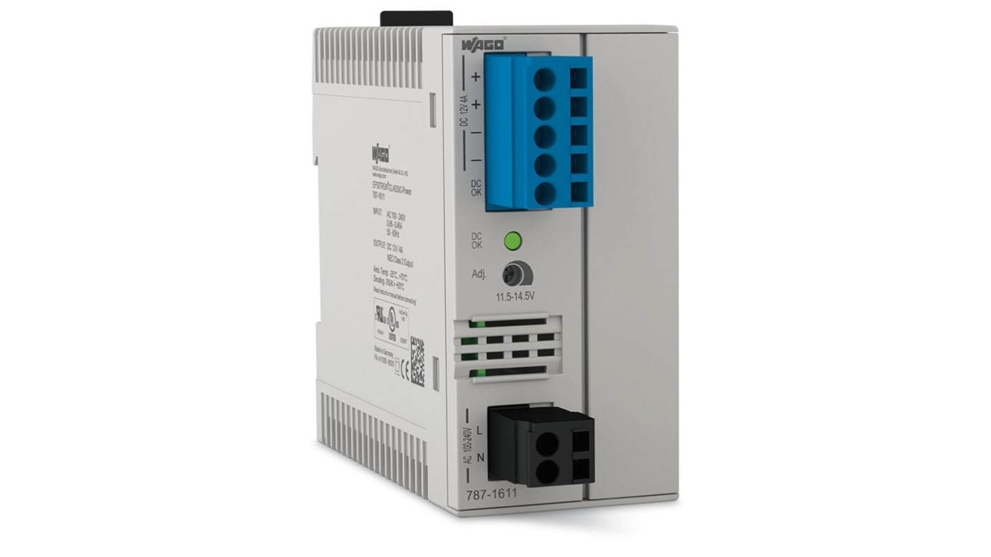 WAGO 787 Switched Mode DIN Rail Power Supply, 230V ac Input, 12V dc dc Output, 4A Output, 48W
