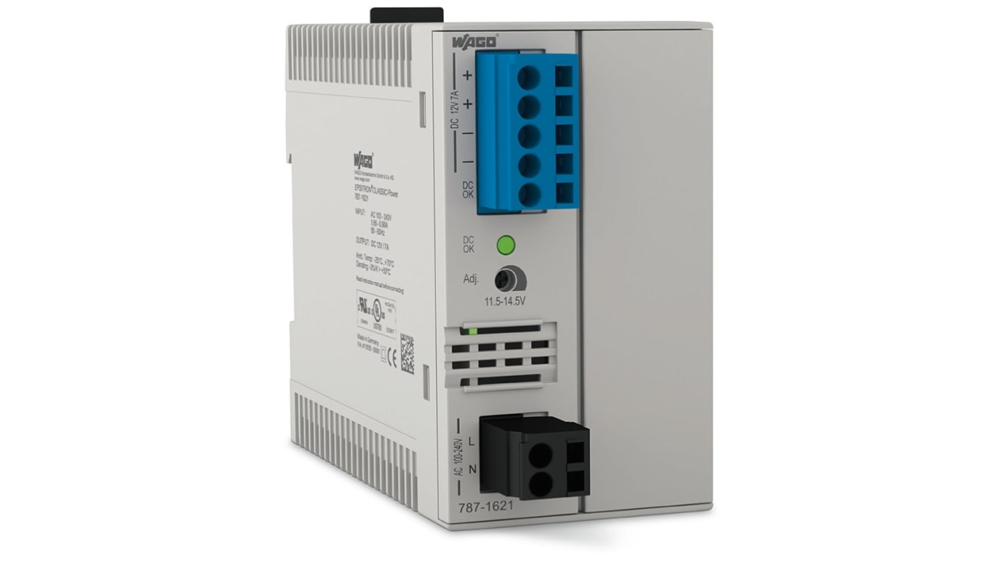 WAGO 787 Switched Mode Switching Power Supply, 230V ac Input, 12V dc dc Output, 7A Output, 84W