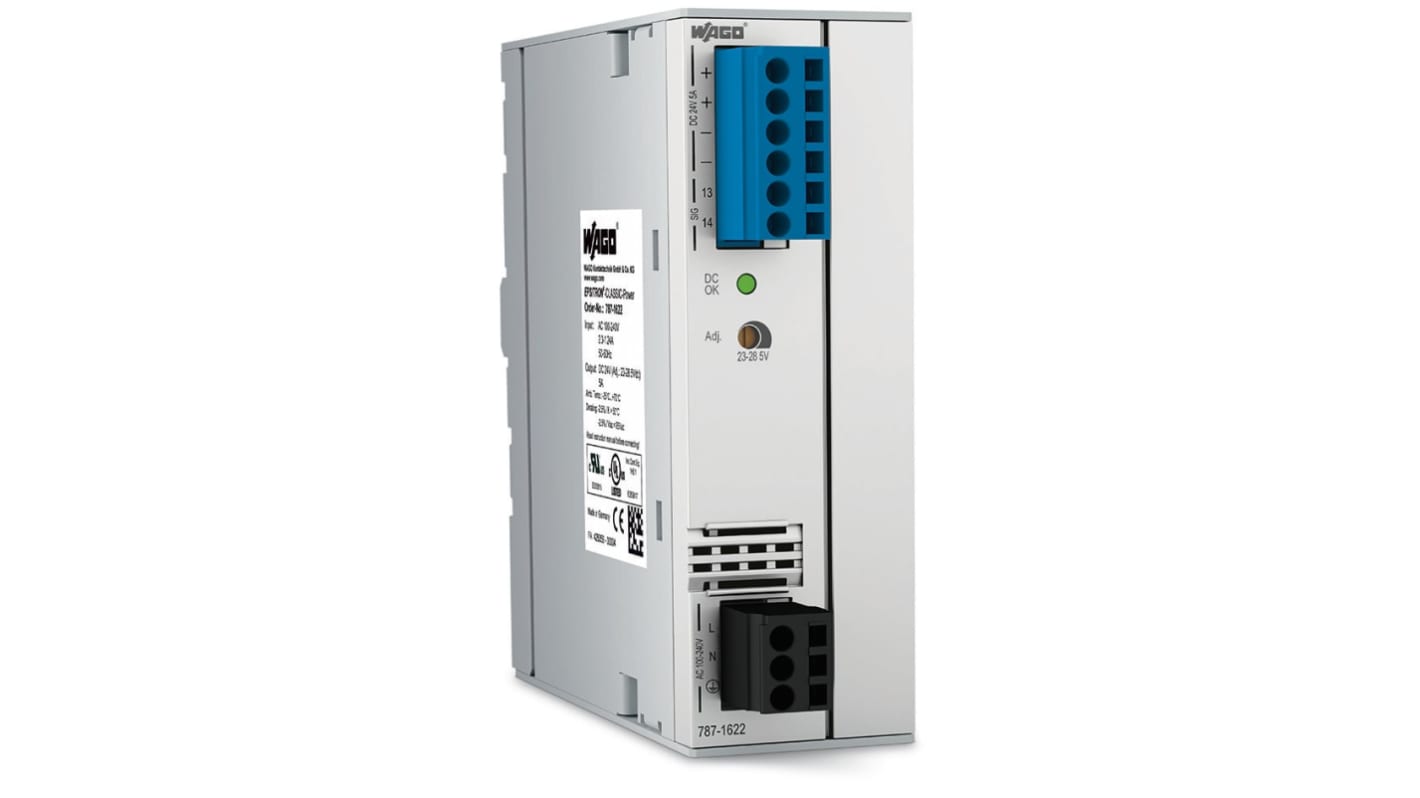 WAGO 787 Switched Mode DIN Rail Power Supply, 230V ac Input, 24V dc dc Output, 5A Output, 120W
