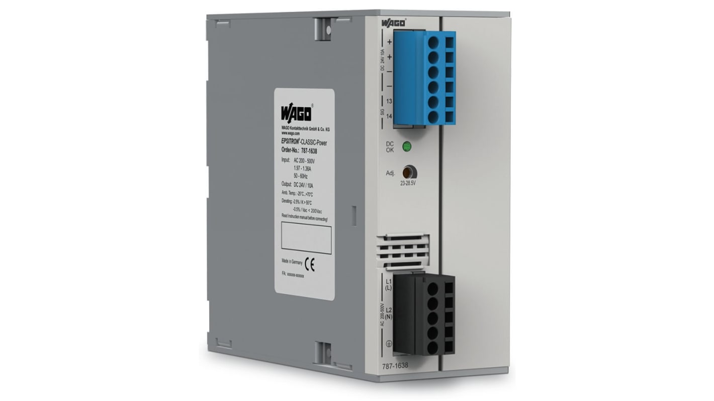 WAGO 787 Switched Mode DIN Rail Power Supply, 180 → 550V ac Input, 24V dc dc Output, 10A Output, 240W