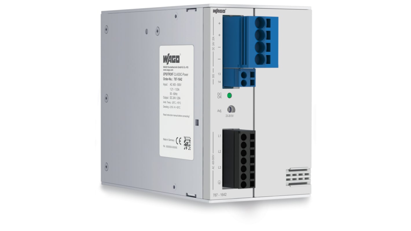 WAGO 787 Getaktet Schaltnetzteil 480W, 480V ac, 24V dc / 20A