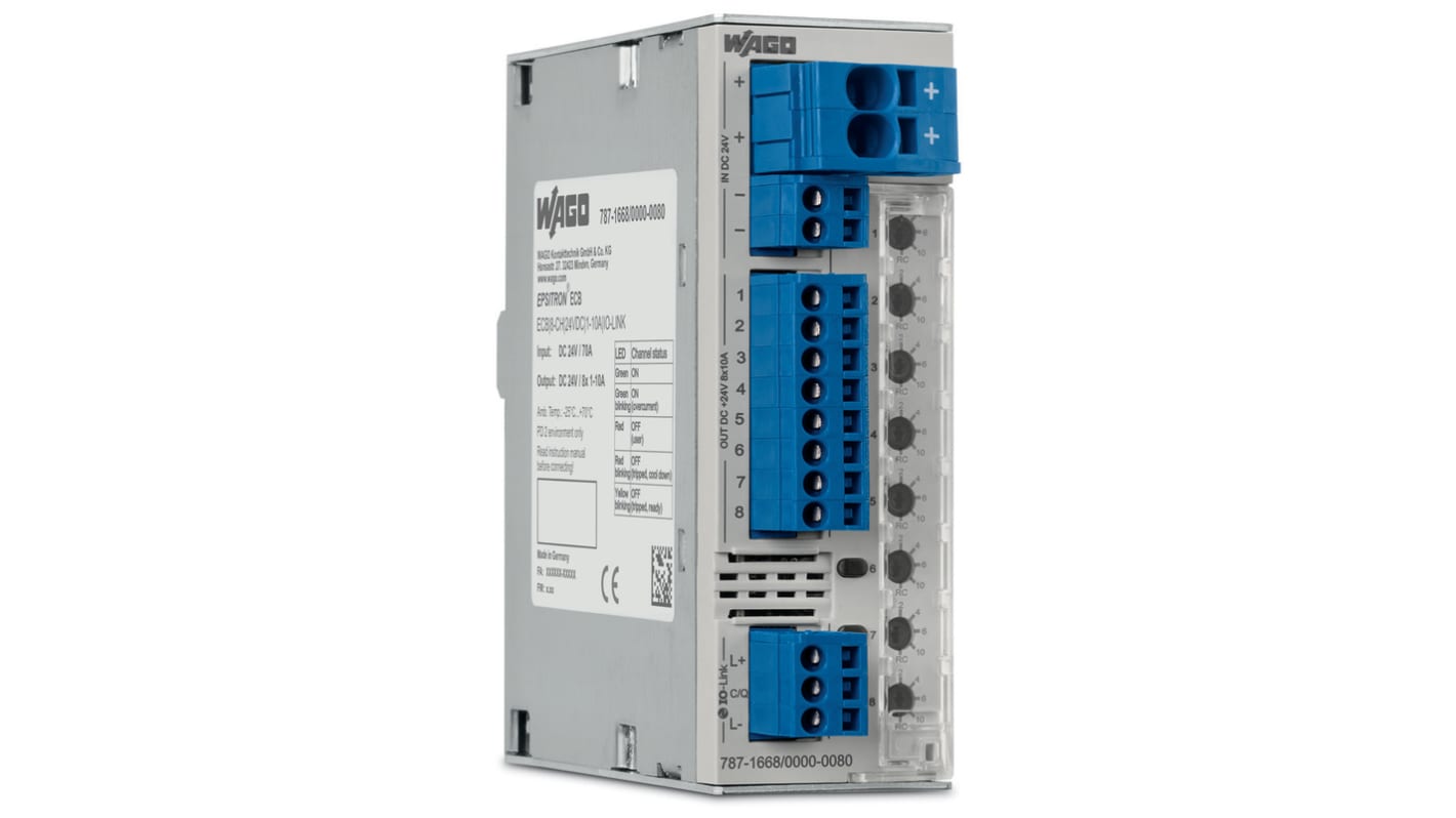 WAGO 10A电子断路器, 8通道, 24V, DIN导轨, 787系列
