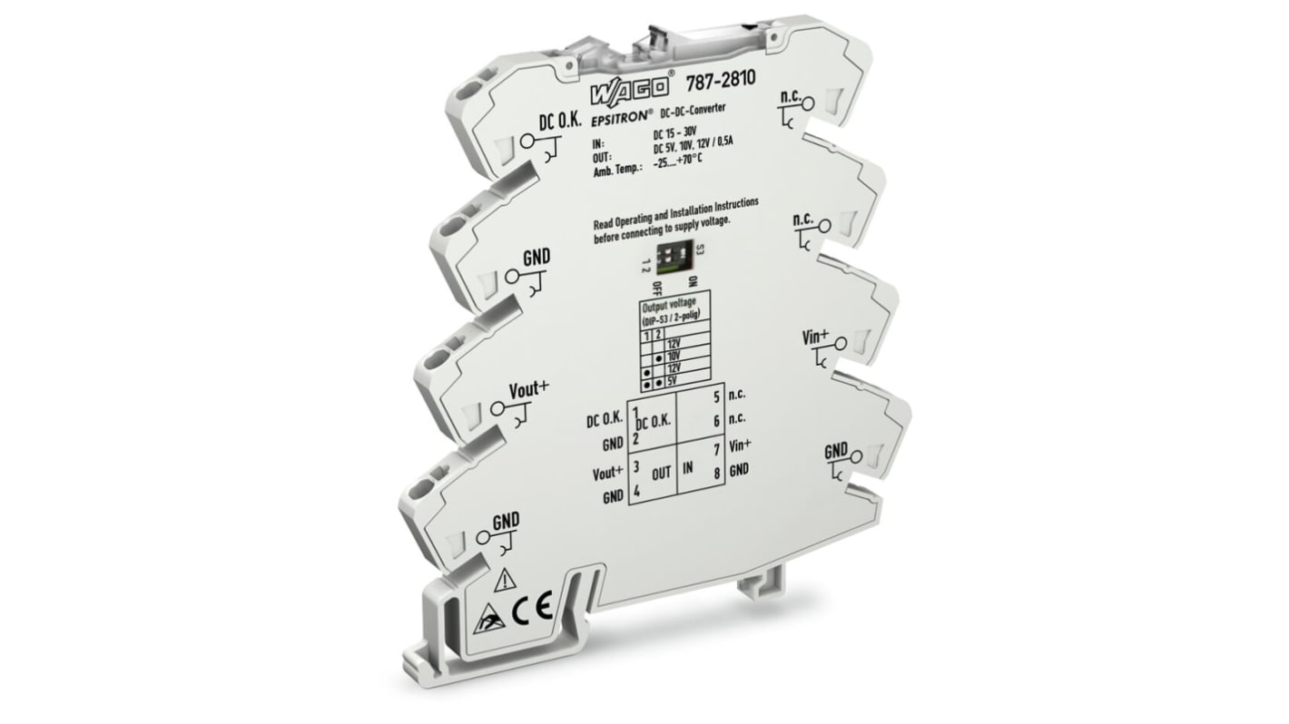 WAGO 787 DC-DC Converter, 5V dc/ 500mA Output, 15 → 30 V dc Input, 2.5W, DIN Rail Mount, +70°C Max Temp -25°C