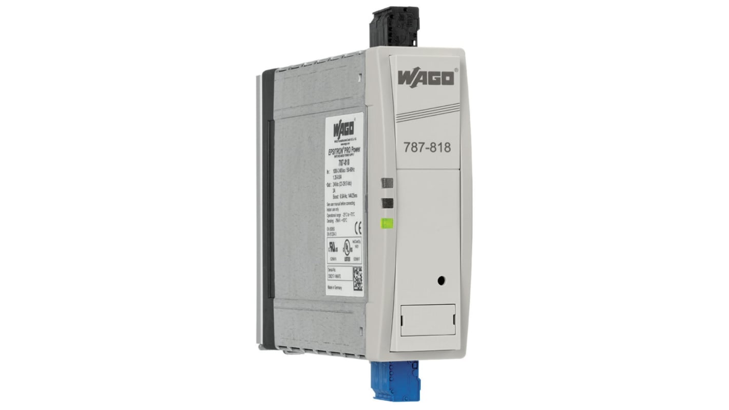 WAGO 787 Switched Mode DIN Rail Power Supply, 230V ac Input, 24V dc dc Output, 3A Output, 72W