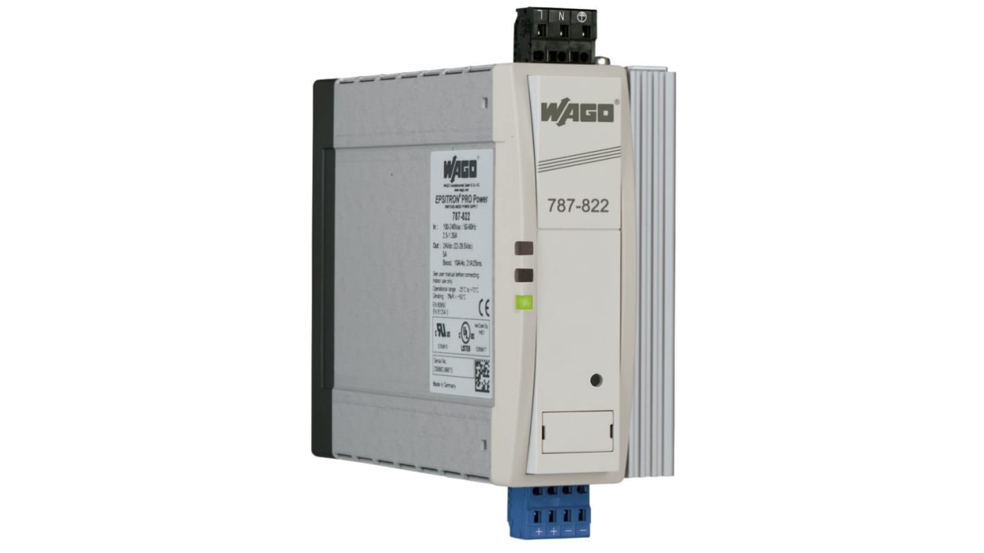 WAGO 787 Switched Mode DIN Rail Power Supply, 230V ac Input, 24V dc dc Output, 5A Output, 120W