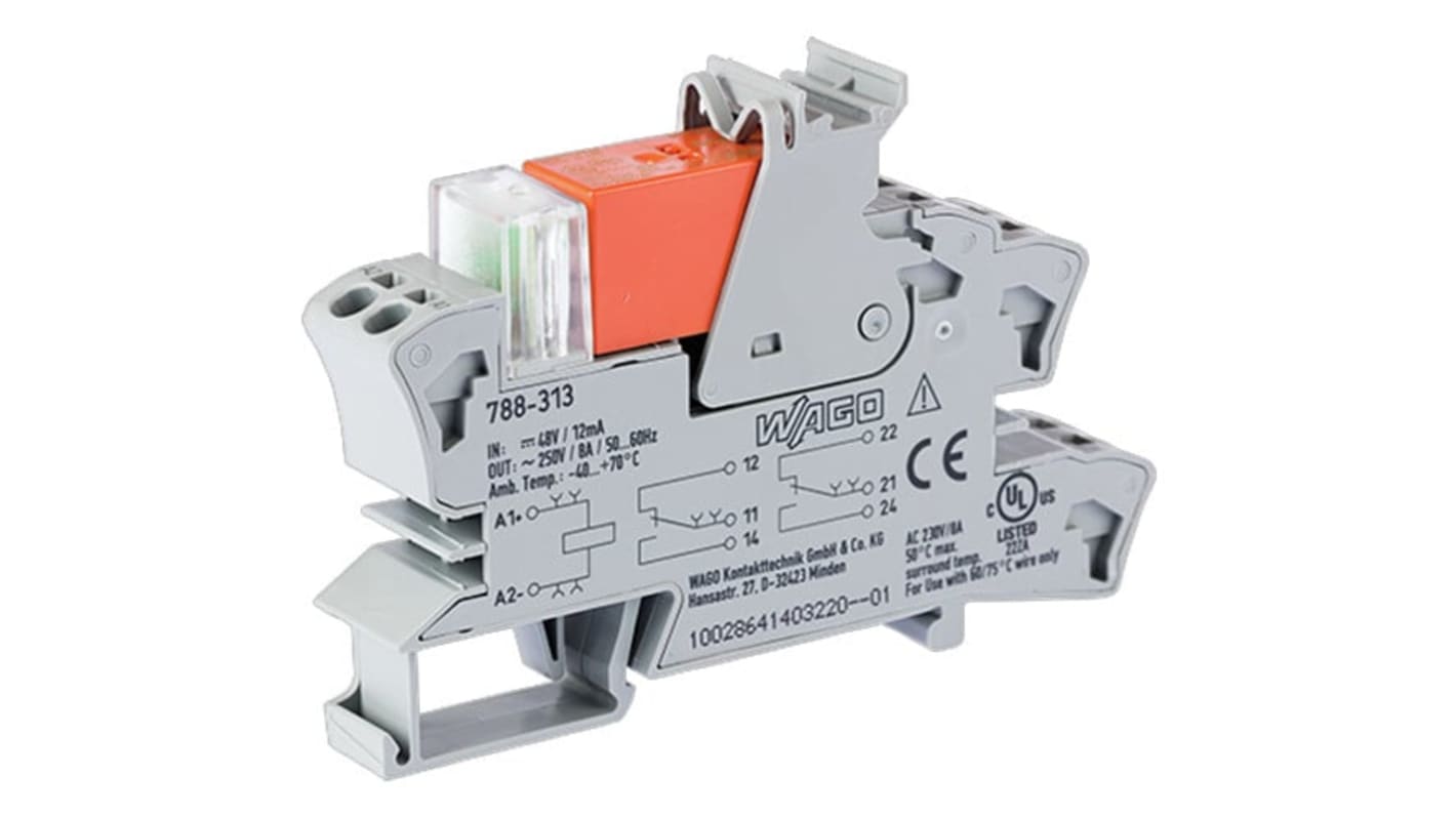 WAGO 788 Series Relay Module, DIN Rail Mount, 48V dc Coil, DPDT, 2-Pole, 8A Load