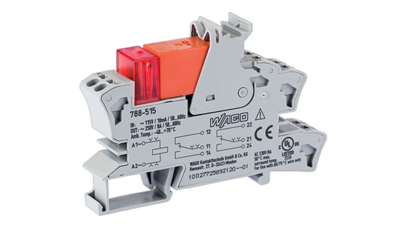 WAGO 788 Series Relay Module, DIN Rail Mount, 115V ac Coil, DPDT, 2-Pole, 8A Load