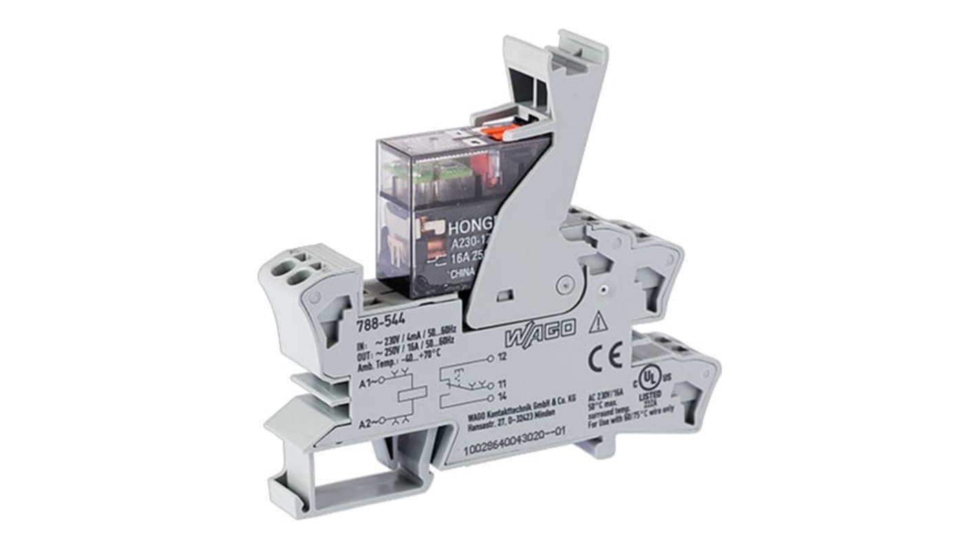 WAGO 788 Series Relay Module, DIN Rail Mount, 230V ac Coil, SPDT, 1-Pole, 16A Load