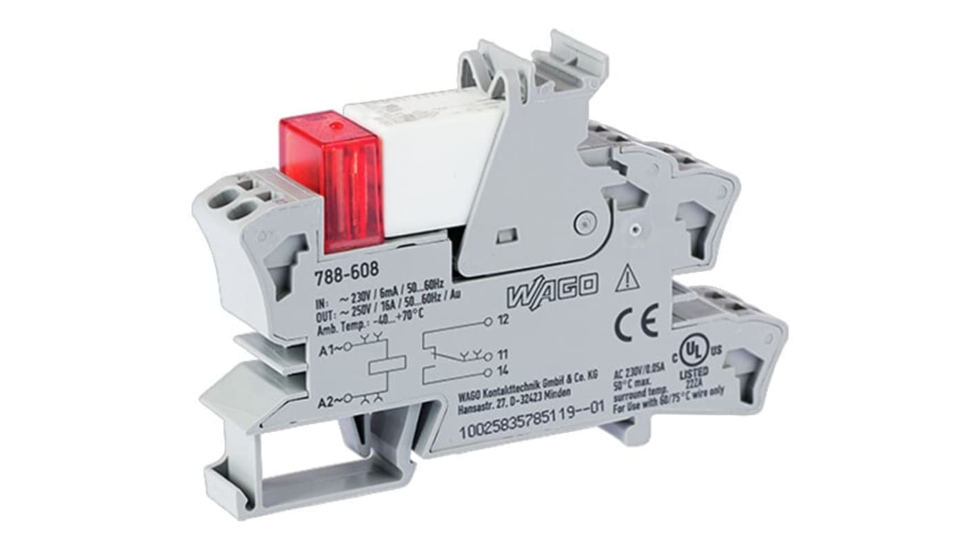 WAGO 788 Series Relay Module, DIN Rail Mount, 230V ac Coil, SPDT, 1-Pole, 16A Load