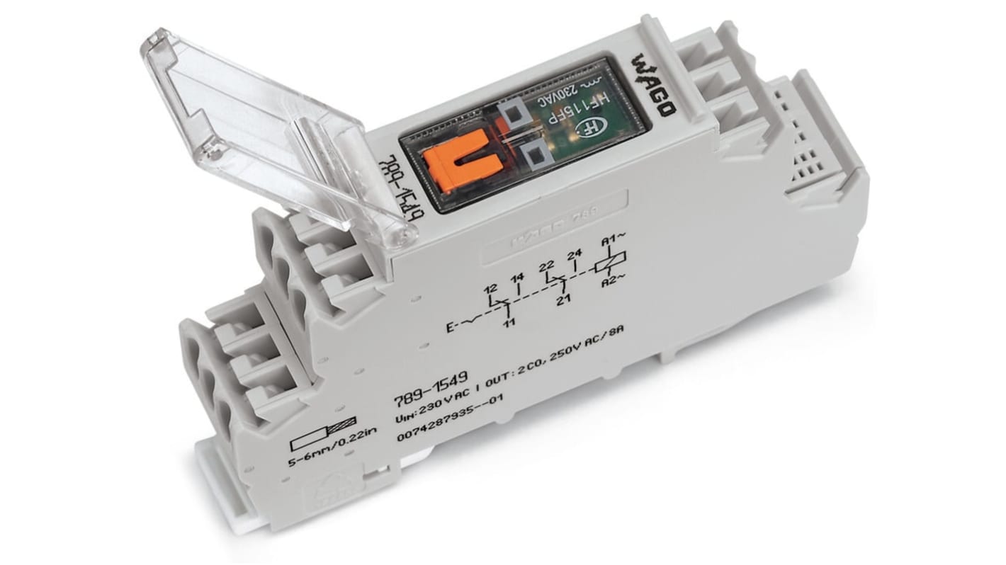 WAGO 789 Series Relay Module, DIN Rail Mount, 230V ac Coil, DPDT, 2-Pole, 8A Load