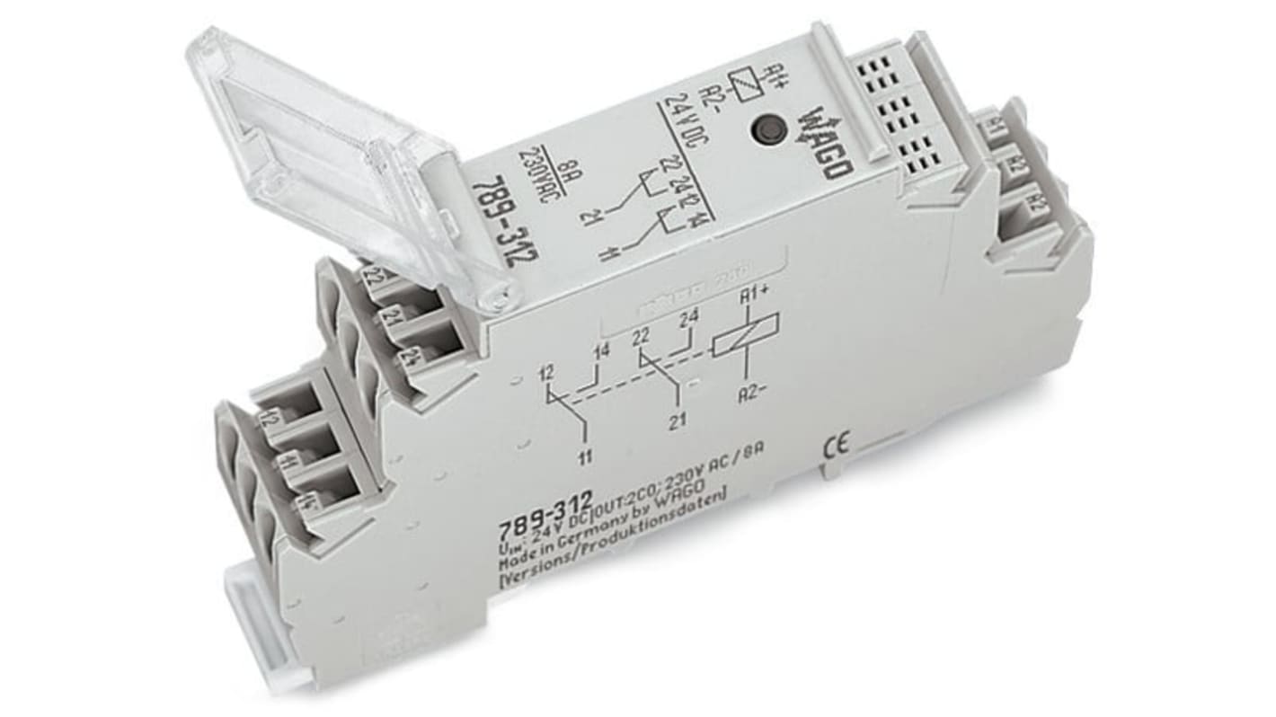 WAGO 789 Series Relay Module, DIN Rail Mount, 24V dc Coil, DPDT, 2-Pole, 8A Load