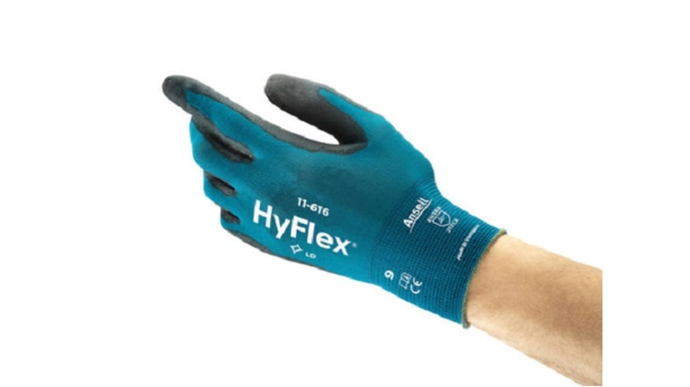 Guantes de Nylon Azul Ansell serie HyFlex 11-616, talla 9, con recubrimiento de Poliuretano, Resistentes a la abrasión