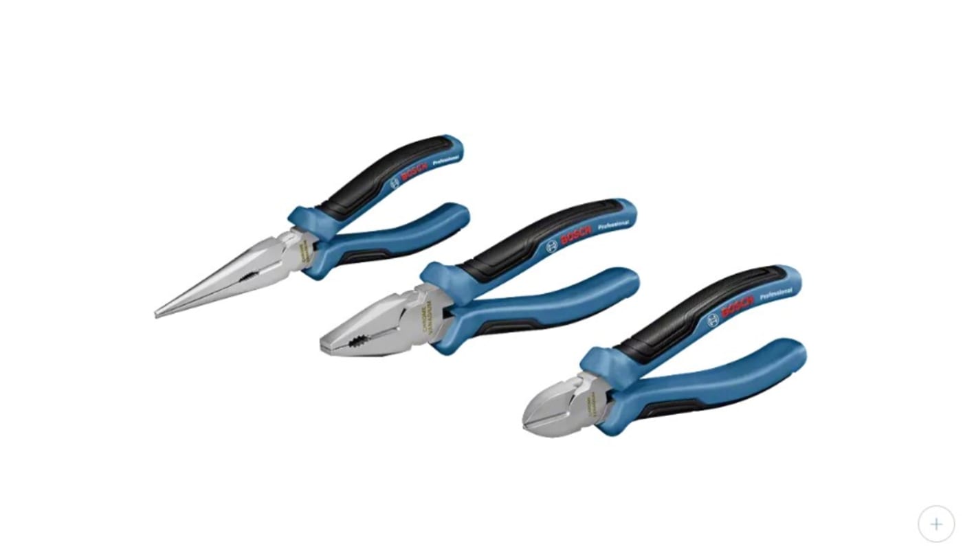 Bosch 1600A016BG 3-Piece Plier and Cutter Set, Angled, Bent, Flat, Straight Tip, 160 mm, 180 mm, 200 mm Overall