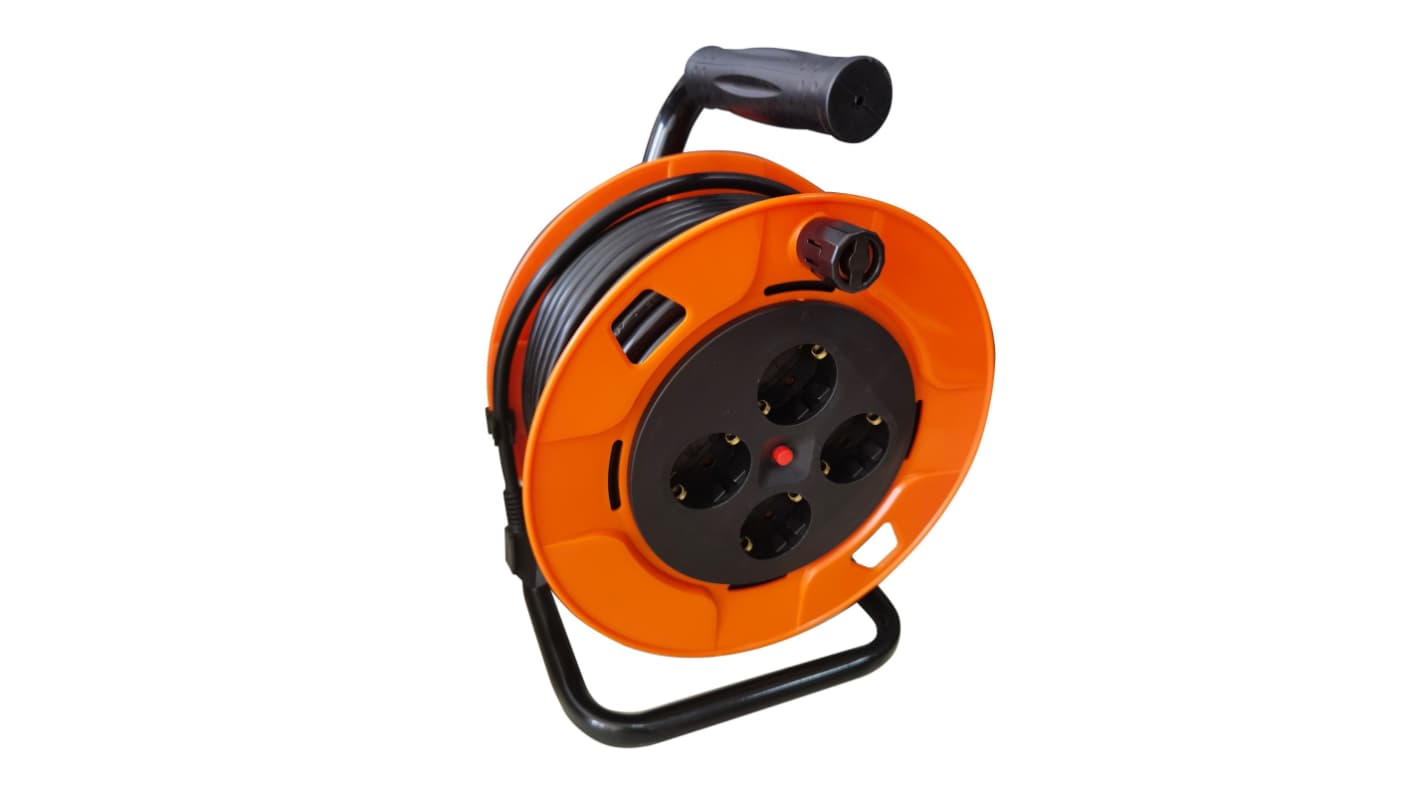 RS PRO 25m 4 Socket Type F - German Schuko Cable Reel Open Reel, 250 V, IP20