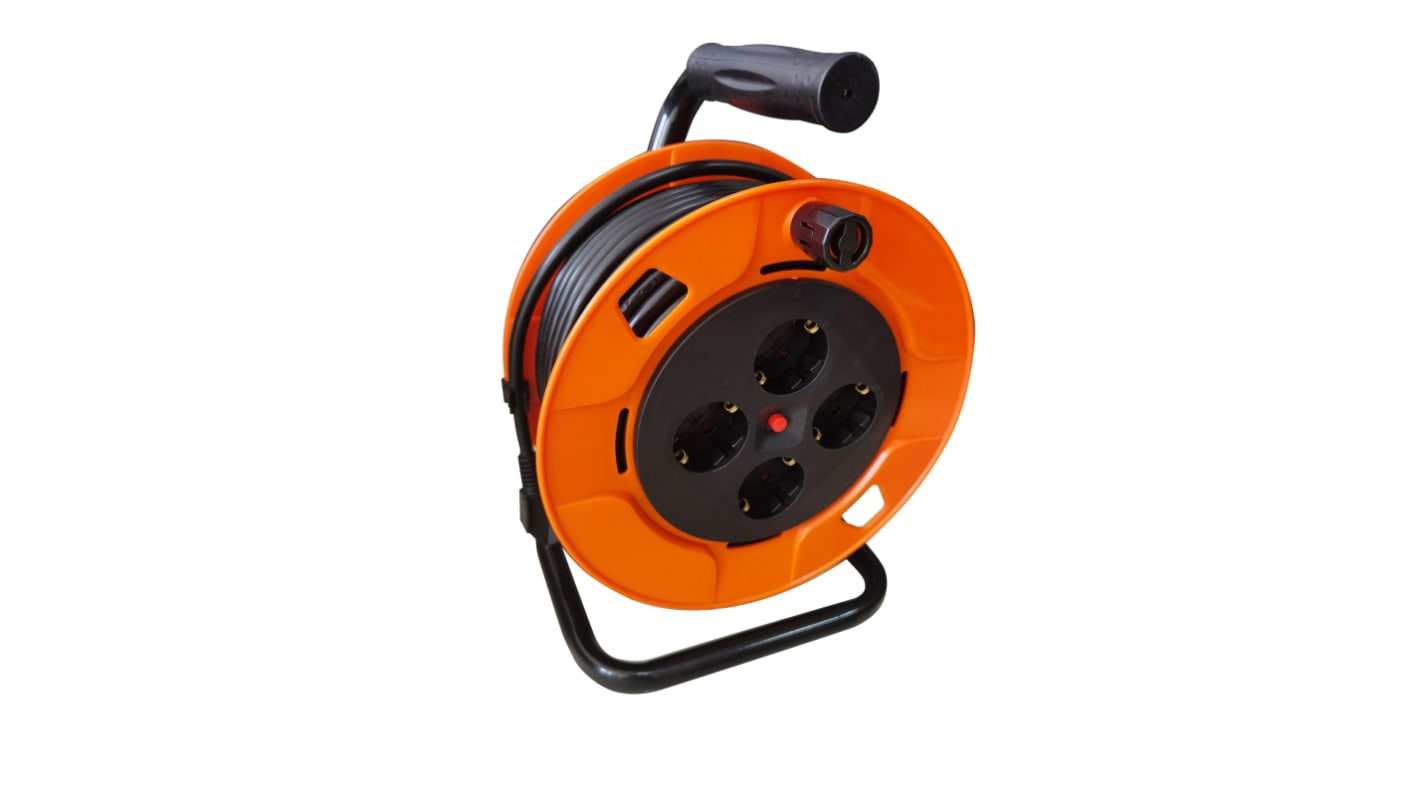 Enrollacable RS PRO, long. cable 50m, 4 tomas Tipo F - Schuko alemán, 250 V Negro, IP20