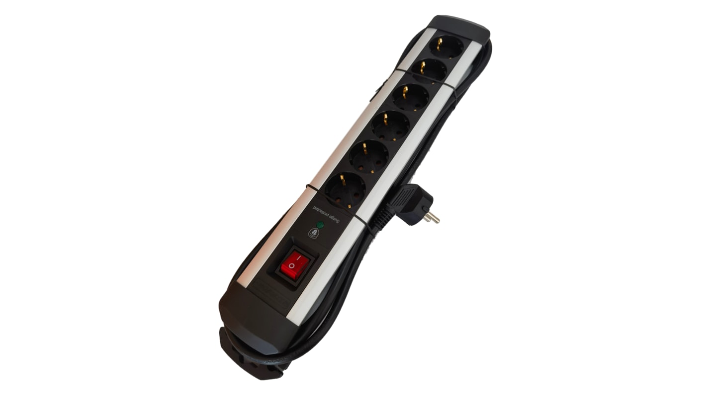 RS PRO 3m 6 Socket Type F - German Schuko Extension Lead, 250 V, IP20