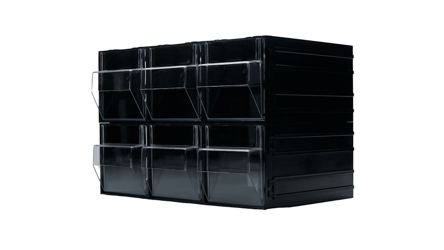 RS PRO 6 Drawer Storage Unit, Polystyrene, 225mm x 338mm x 225mm, Black, Transparent
