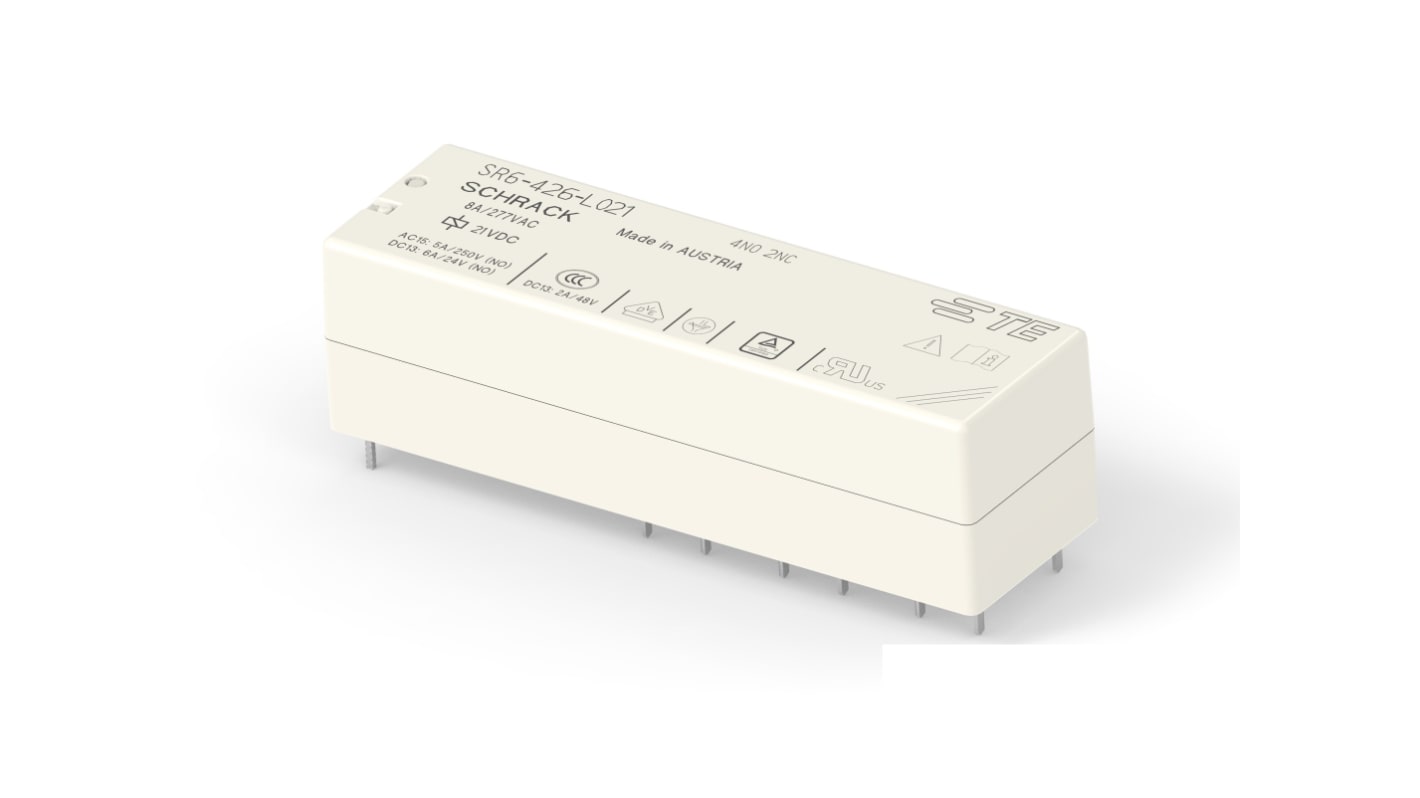 TE Connectivity PCB Mount Force Guided Relay, 21V dc Coil, 8A Switching Current, 4NO/2NC