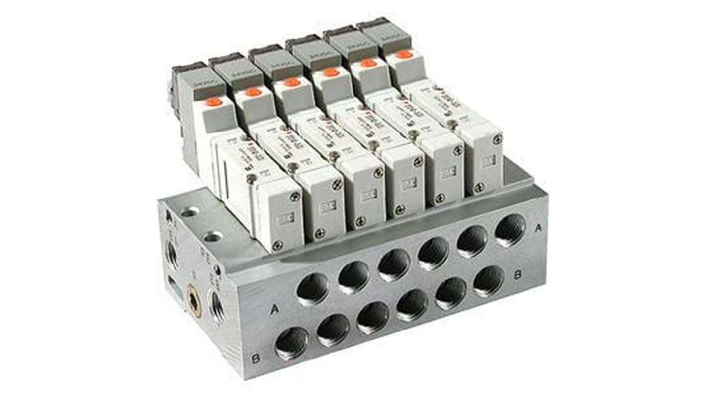 SMC SY3000 series 6 station One-Touch Fitting 6 mm Manifold for use with 5 Port Solenoid Valve