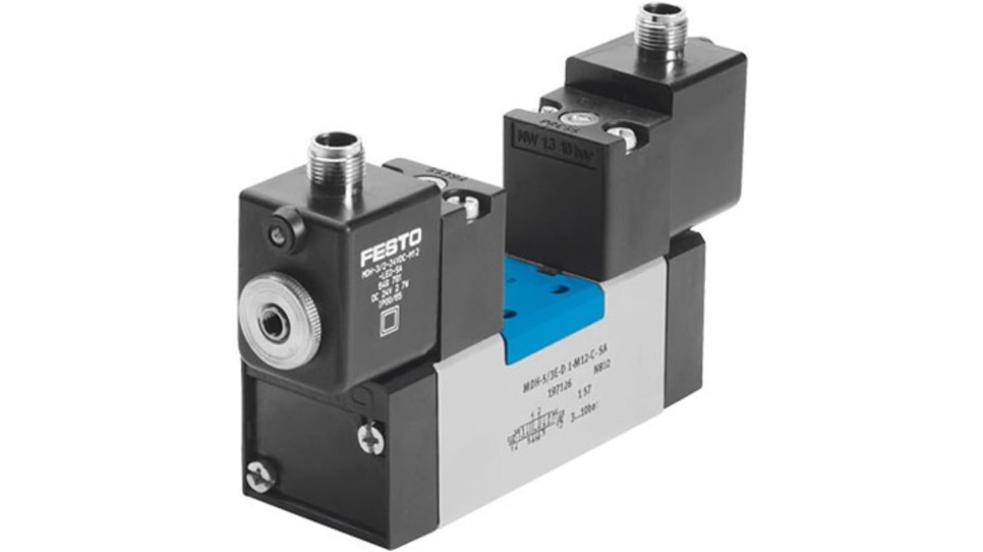 Festo 5/3 Exhausted Pneumatic Solenoid/Pilot-Operated Control Valve - Electrical G 1/4 MDH Series 24V dc