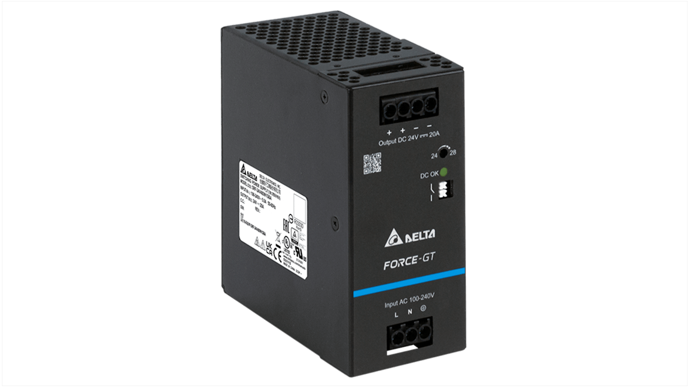 Delta Electronics DRF-480W Switched Mode DIN Rail Power Supply, 90 → 264V ac ac Input, 24V dc dc Output, 20A