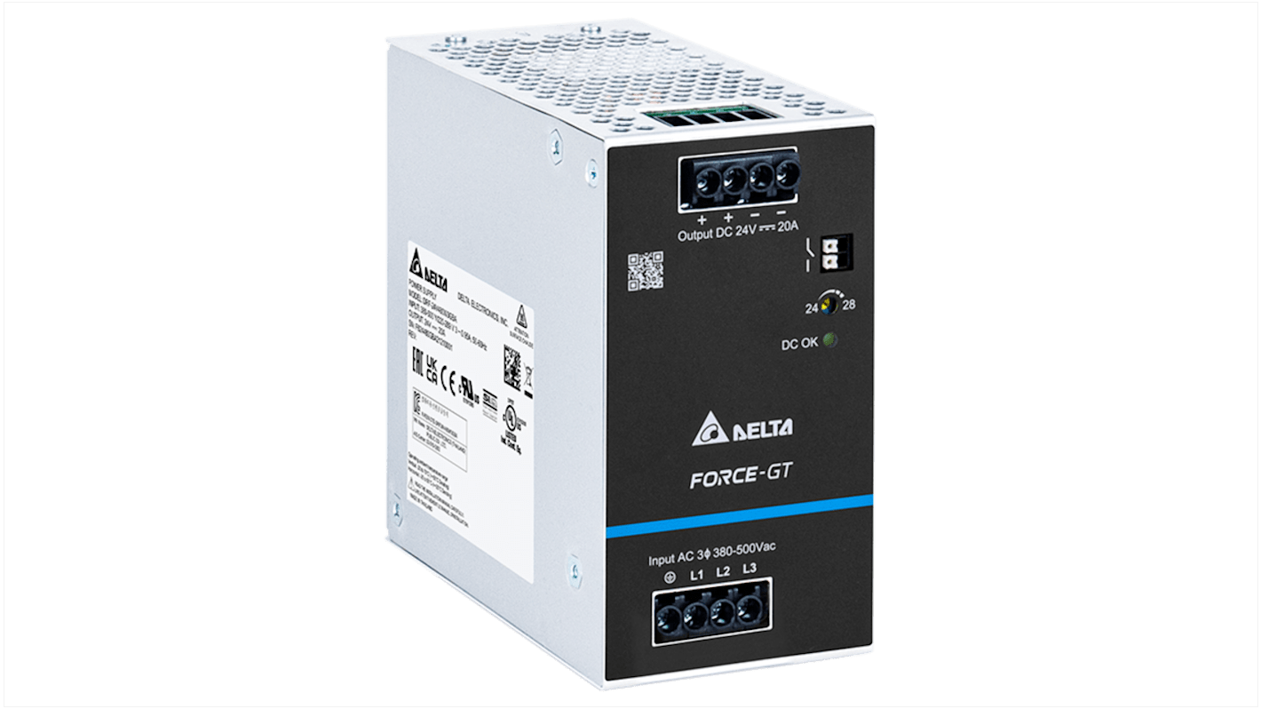 Delta Electronics DIN-sín tápellátás, 24V dc, 20A, BE: 90 → 264V ac, 480W