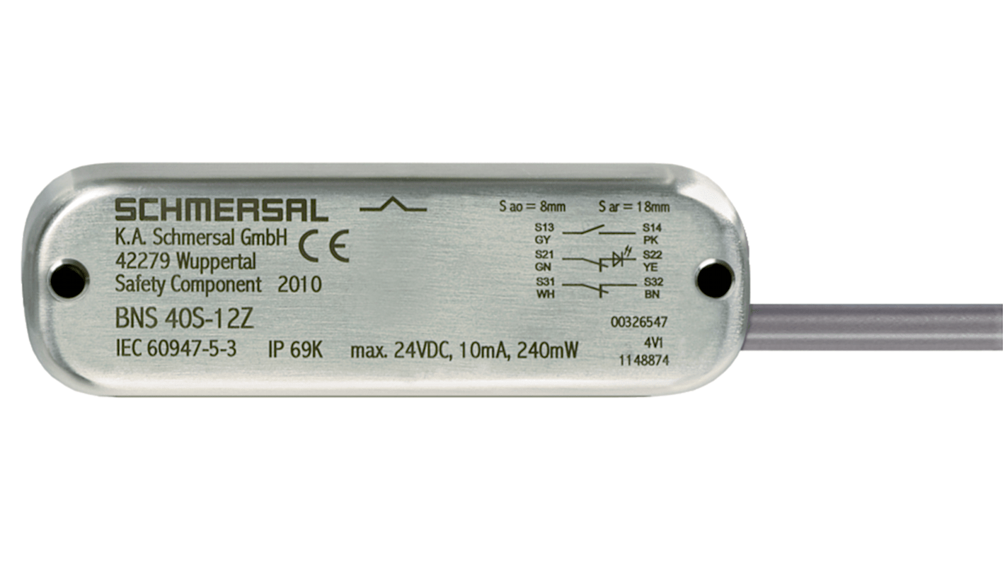 Schmersal BNS 40 Series Non-Flush Magnetic Non-Contact Safety Switch, Stainless Steel Housing, Cable