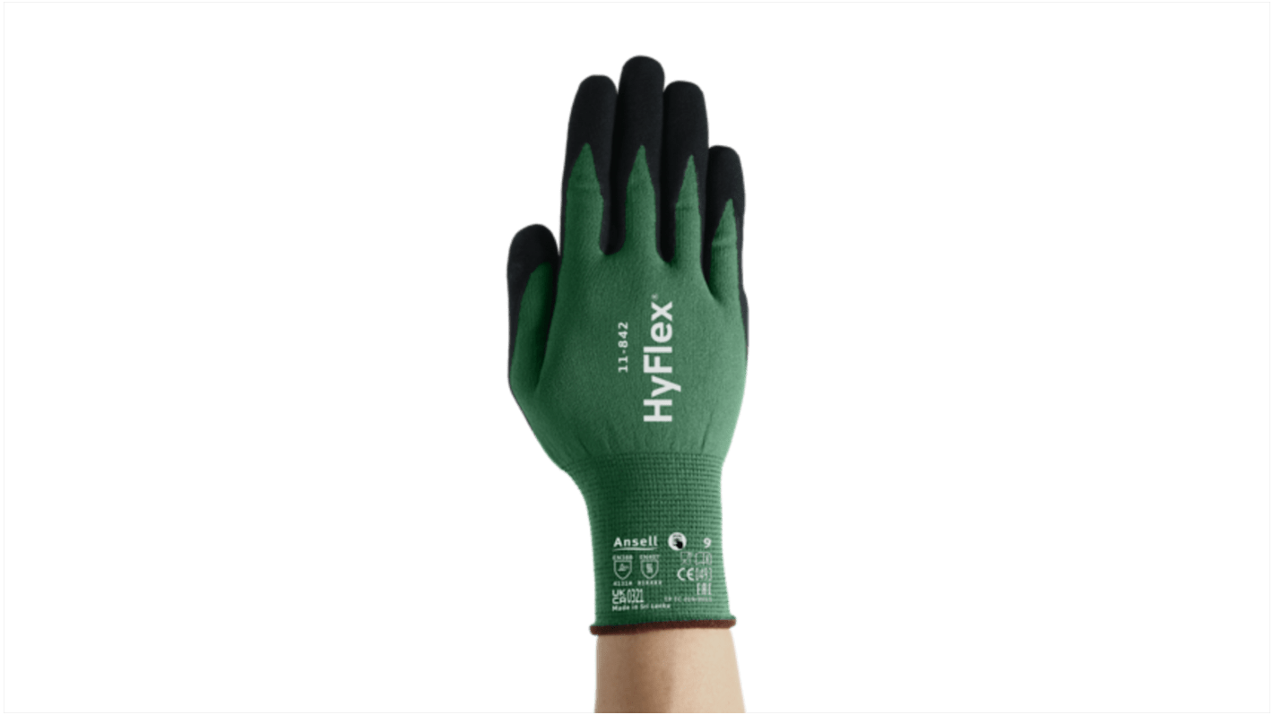 Ansell HyFlex 11-842 Green Nylon Abrasion Resistant, General Purpose Work Gloves, Size 10, Nitrile Foam Coating
