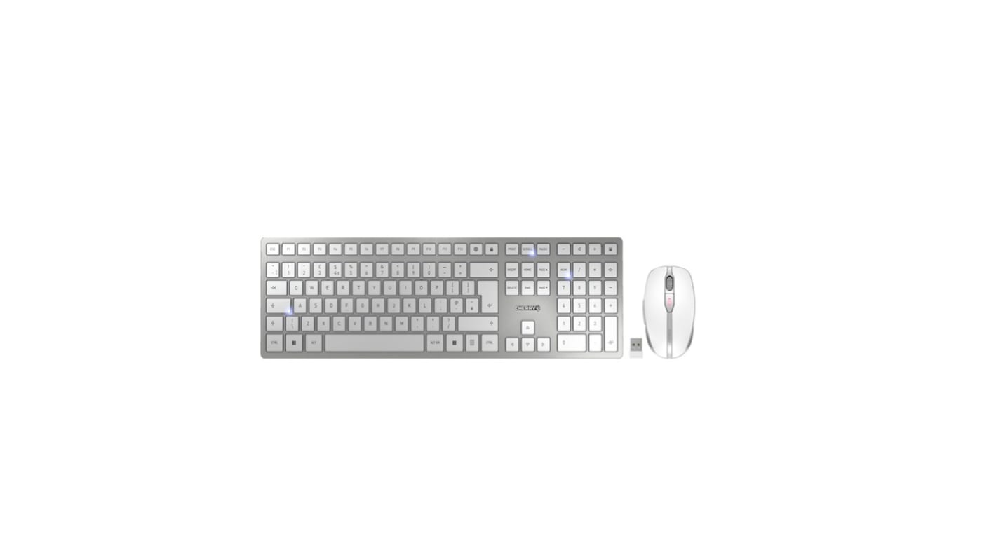 Juego de teclado y ratón Cherry JD-9100GB-1, Plata/blanco, Inalámbrico, QWERTY (UK), Ergonómico