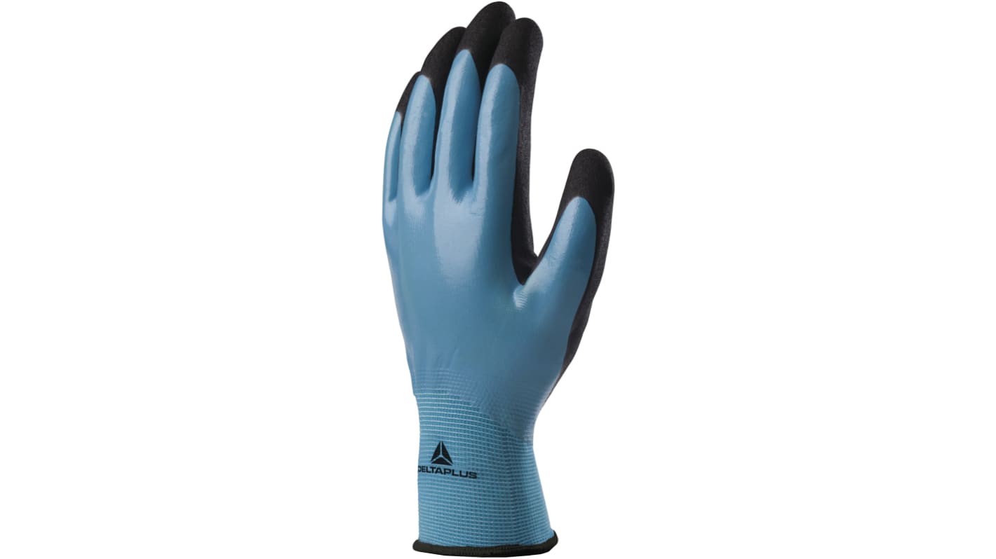 Delta Plus VV636BL Black/Blue Polyamide Waterproof Work Gloves, Size 8, Nitrile Coating