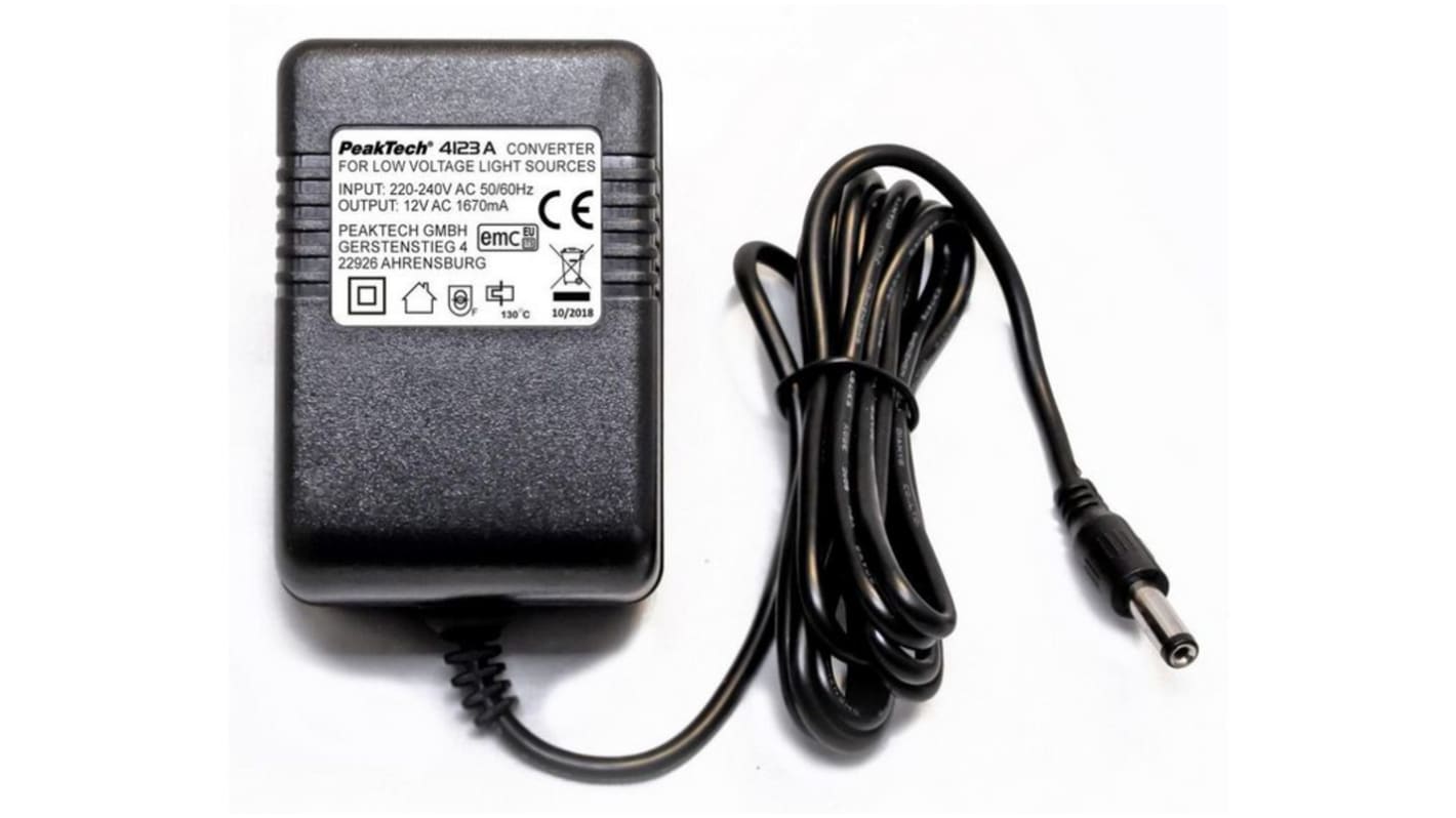 PeakTech 12 V Charger Adapter for use with Low Voltage Light Sources, 82 x 88 x 57 mm, Portable