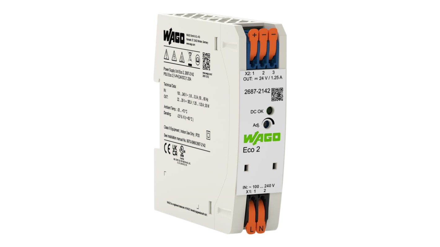 WAGO DIN Rail Power Supply, 90 → 264V, 24V dc, 1.25A Output, 30W