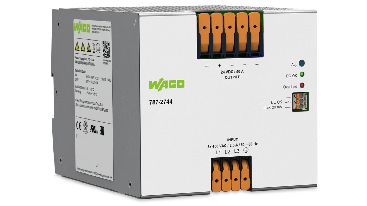 WAGO 导轨电源, 24V 直流 40A输出, 960W, 560 → 700V输入