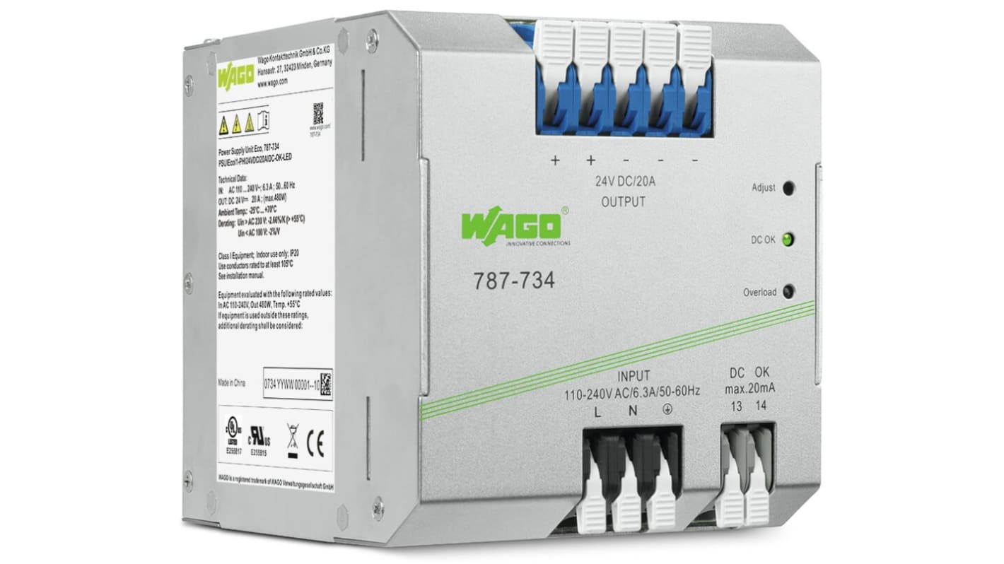 WAGO DIN Rail Power Supply, 230V, 24V dc, 20A Output