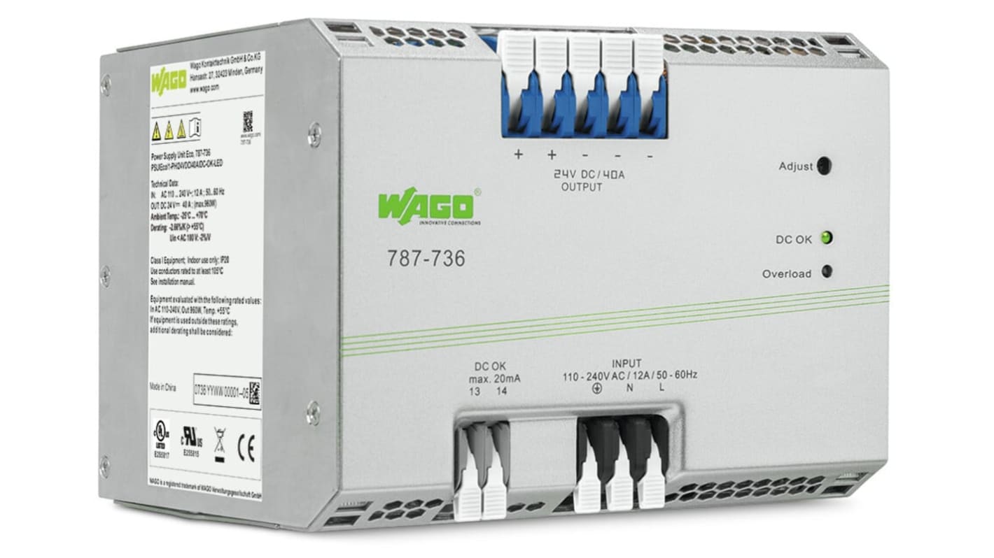 WAGO DIN Rail Power Supply, 230V, 24V dc, 40A Output